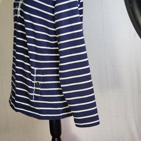 Karen Scott Sport Navy Stripe Cotton Span LS 1/4 Snap Up Stand Collar Top Sz M - Picture 11 of 16